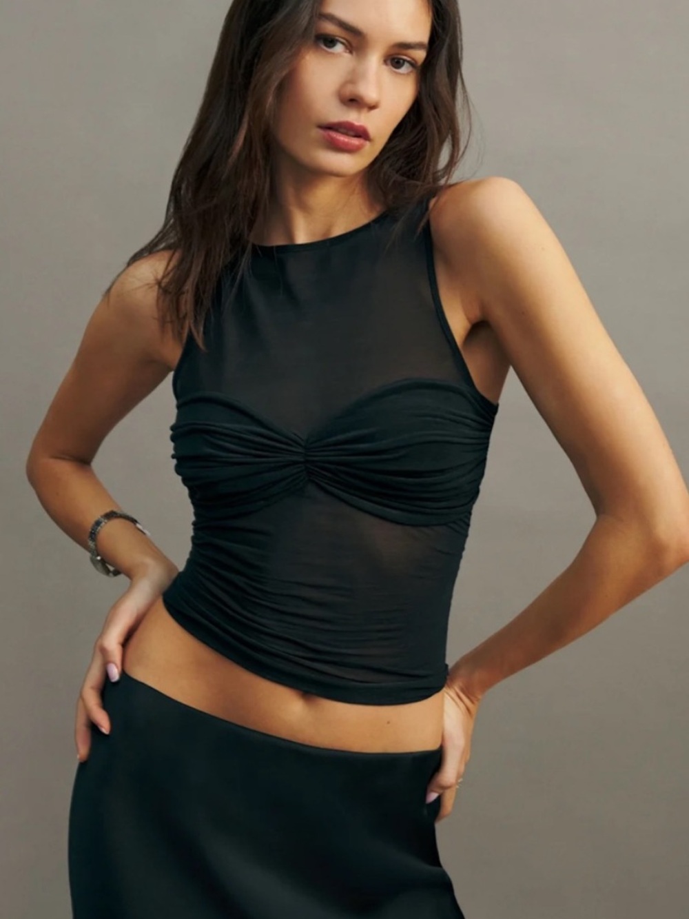 Reformation — Black Sheer Ruched Tank